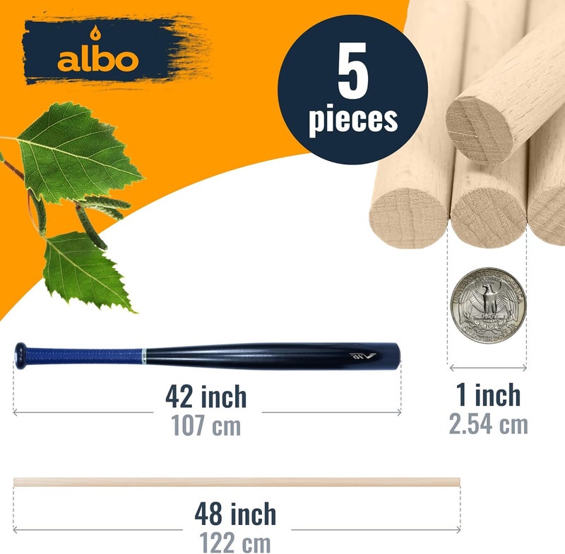 ALBO 1" x 48" Wooden Dowel Rods Set - 5 Pack Birch Natural Strong Long Craft Sticks Woodworking Furniture Garden Structures Hardwood Sanded Smooth Versatile Material Railings Supports - Image 2